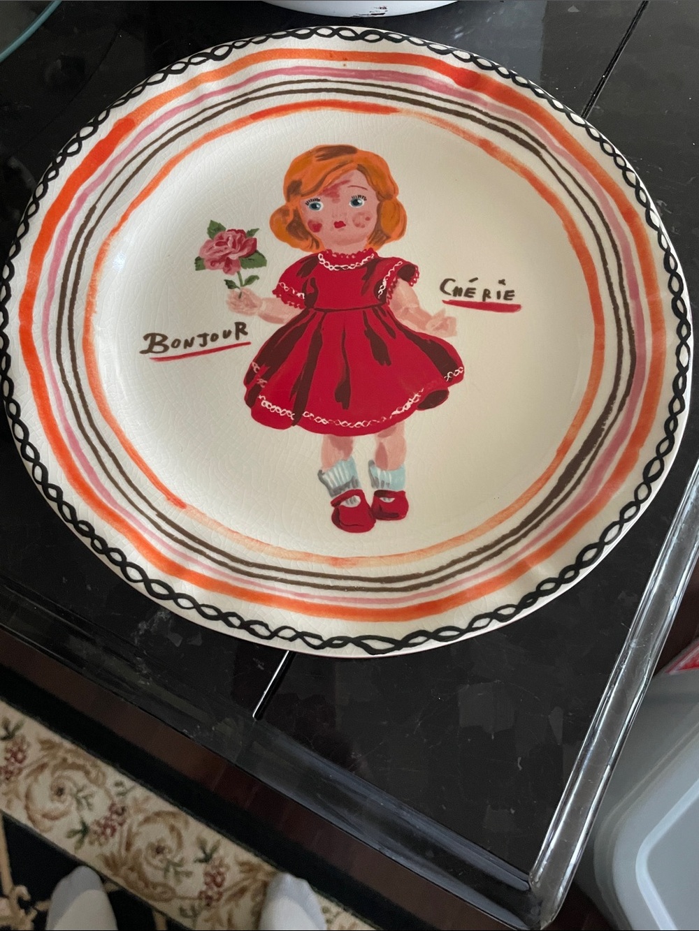 Anthropologie Red and Orange Bonjour Chérie Doll Plate